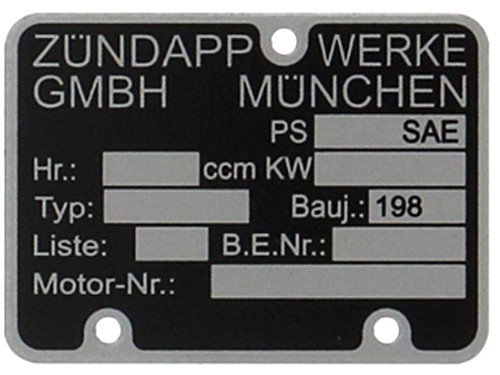 Plaatje Motorblok Nummer 198...... Zundapp