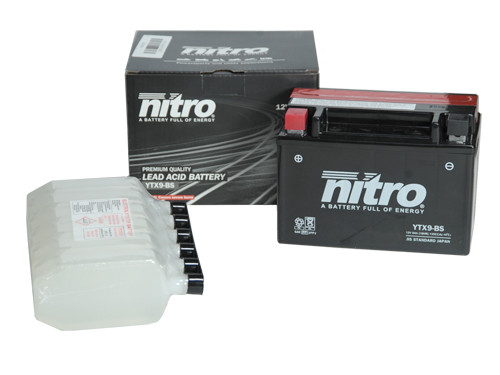 Nitro Accu NTX9-BS (YTX9-BS) + Zuurpakket o.a. Malaguti Centro / Piaggio Zip 4T