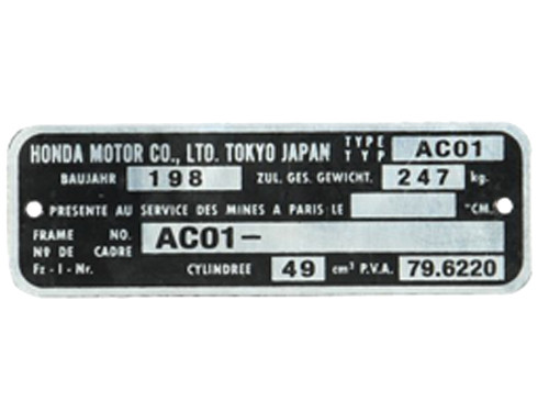 Plaatje Framenummer AC01 Honda MB 50